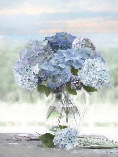 Lori Deiter LD4069 - LD4069 - Sea-Kissed Hydrangeas - 12x16 blue hydrangeas, hydrangea bouquet, glass pitcher, water pitcher vase, floral still life, spring flowers, summer blooms, soft pastel background, light airy, farmhouse kitchen decor, tabletop arrangement, greenery, painterly, brush strokes, decorative, cottage style from Penny Lane