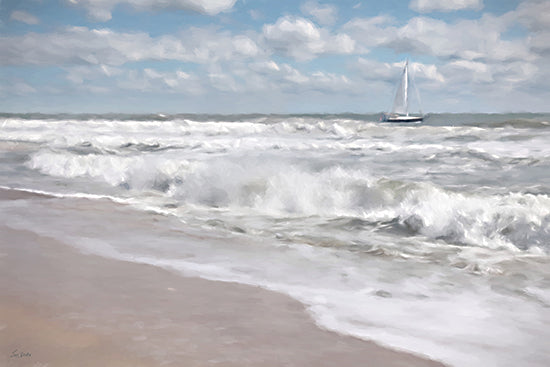 Lori Deiter LD4094 - LD4094 - Windswept Shores - 16x12 ocean waves, beach surf, sailboat, coastal seascape, summer, shoreline, sea foam, blue sky, clouds, nautical, tranquil, nature, landscape, painterly, brush strokes from Penny Lane