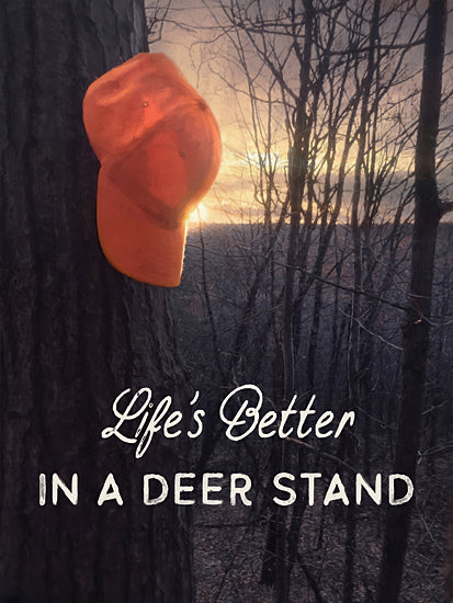 Lori Deiter LD4103 - LD4103 - Life's Better in a Deer Stand - 12x16 deer stand, orange hunting cap, forest sunrise, hunting season, masculine outdoor art, rustic woodland decor, Lori Deiter from Penny Lane