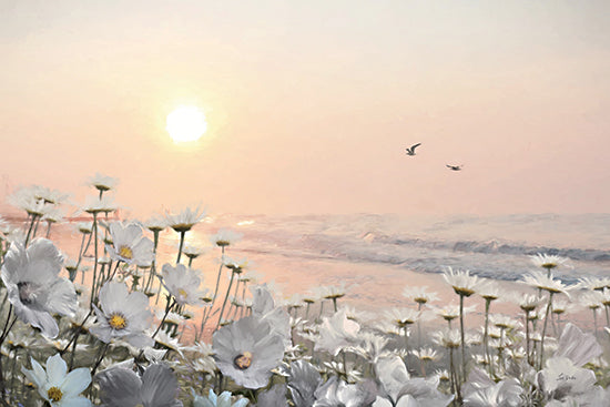 Lori Deiter LD4128 - LD4128 - Sea Breeze and Petals - 18x12 coastal, botanical, animals, landscape, beach, floral, birds, sky, daisy, sunset, waves, flying birds, painterly, feminine, watercolor, pink from Penny Lane