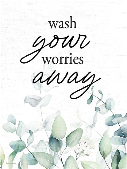 lettered & lined LET1206 - LET1206 - Washy Your Worries Away - 12x16 wash your worries away, bathroom quote wall art, eucalyptus watercolor print, spa bathroom decor, calming typography artwork, modern farmhouse bath sign, botanical greenery art, neutral wall decor, inspirational bathroom print from Penny Lane