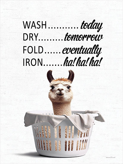 lettered & lined LET1330 - LET1330 - Laundry Schedule Llama - 12x16 laundry wash dry fluff fold, alpaca over laundry basket, folded linens, farmhouse laundry room sign, whimsical animal art, neutral decor, black script typography, modern farmhouse wall art, cozy home sign, funny laundry artwork from Penny Lane