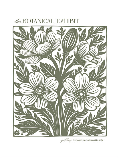 lettered & lined LET1347 - LET1347 - Botanical Exhibit Poster II - 12x16 the botanical exhibit poster, green and white floral block print, stylized anemone flowers and buds, gallery exposition internationale text, decorative botanical wall art, vintage inspired print, hand drawn folk art style, square floral composition, neutral background, elegant typography, lettered and lined from Penny Lane
