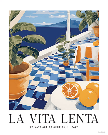 lettered & lined LET1408 - LET1408 - La Vita Lenta - 12x16 La Vita Lenta print, Mediterranean terrace view, blue tiles, sea view, citrus oranges, Italian coastal art from Penny Lane