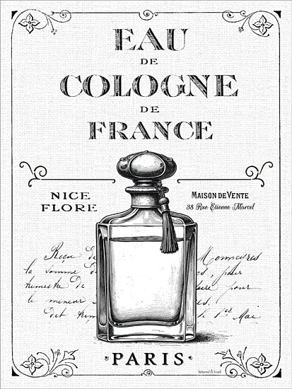 lettered & lined LET1463 - LET1463 - Eau de Cologne de France - 12x16 parfumerie au prince des fleurs, vintage french perfume label, ornate bottle illustration, antique typography, paris grasse france, black and white decor, apothecary art print, elegant feminine wall art from Penny Lane
