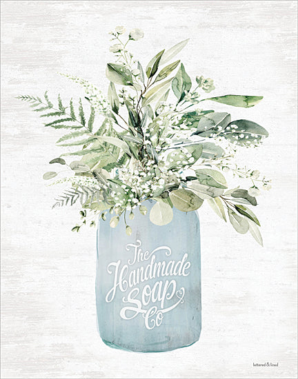 lettered & lined LET1489 - LET1489 - The Scent of Handmade - 12x16 botanical, typography, home spaces, still life, greenery, floral, word art, bath, jar, eucalyptus, baby's breath, wood background, modern farmhouse, painterly, watercolor, neutral from Penny Lane