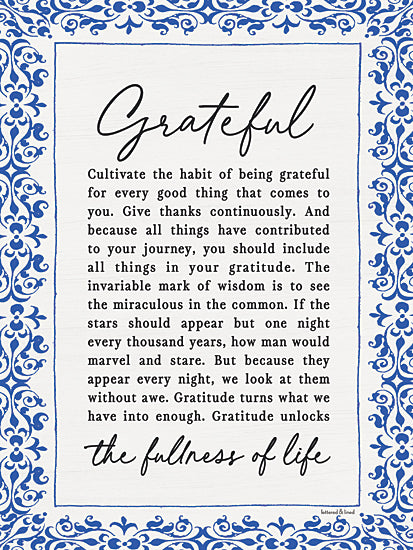 lettered & lined LET1554 - LET1554 - Grateful - 12x16 typography, backgrounds & patterns, inspirational, word art, quote, gratitude, script, border, medallion, decorative, vintage, digital illustration, blue from Penny Lane