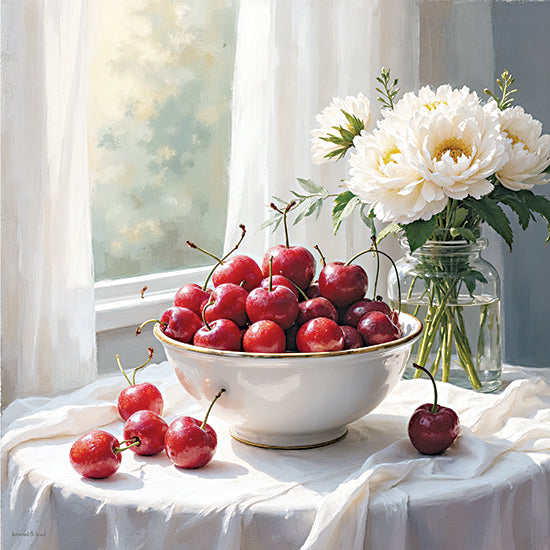 lettered & lined LET1566 - LET1566 - A Moment of Ripened Grace - 12x12 still life painting, cherries in bowl, floral vase, sunlight through window, classic still life, food and drink art, painterly style from Penny Lane