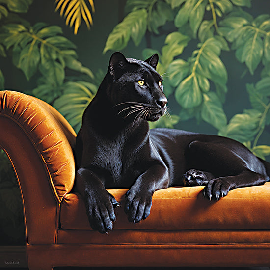 lettered & lined LET1569 - LET1569 - Velvet Majesty - 12x12 black panther, sleek panther, exotic animal, jungle cat, tropical foliage, green leaves, velvet chaise lounge, orange sofa, luxury interior, dramatic lighting, moody decor, wildlife portrait, emerald background, contemporary animal art from Penny Lane