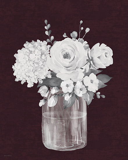 lettered & lined LET1598 - LET1598 - Petals of White - 12x16 white floral bouquet, glass jar vase, hydrangea and roses, dark plum background, high contrast floral art, elegant botanical composition, modern romantic decor, detailed petals, classic arrangement from Penny Lane