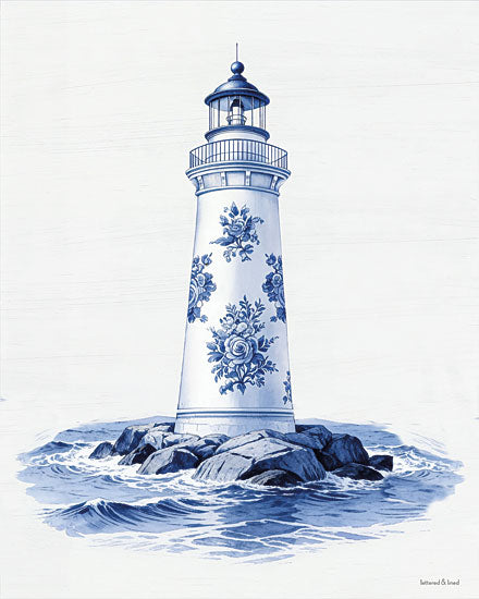 lettered & lined LET1756 - LET1756 - Coastal Toile Lighthouse - 12x16 coastal, botanical, travel, nautical, floral, architecture, lighthouse, ocean, waves, rocks, chintz, delftware, decorative, vintage, watercolor, blue from Penny Lane