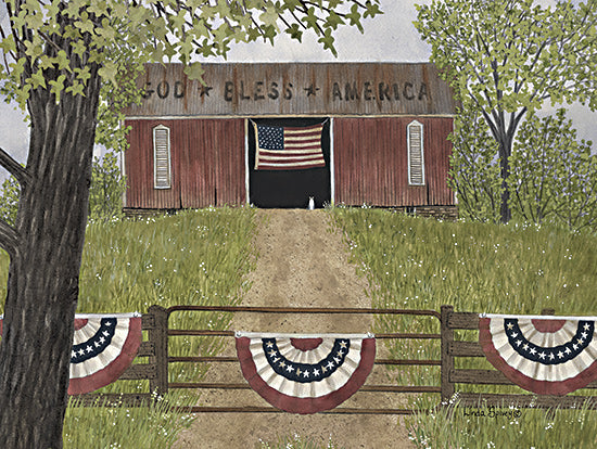 Linda Spivey LS1919 - LS1919 - God Bless America Barn - 16x12 Patriotic, July 4th, American Flags, Barn, Red Barn, God Bless America, Typography, Signs, Textual Art, Farm, Fence, Dirt Road, Trees, Landscape, Fields, Summer from Penny Lane