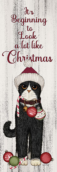 Linda Spivey LS1936 - LS1936 - Festive Christmas Kitty - 12x36 Christmas cat wall art, black cat wearing Santa hat, candy cane, ornaments, meowy Christmas ornament, funny holiday quote, white distressed wood background, whimsical pet illustration, red and green seasonal decor, vertical sign from Penny Lane