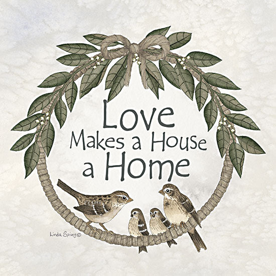 Linda Spivey LS1971 - LS1971 - Love Makes a House a Home - 12x12 animals, botanical, home spaces, typography, birds, greenery, leaves, inspirational, sparrows, wreath, family, sentiment, decorative, feminine, watercolor, neutral from Penny Lane