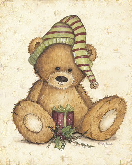 Mary Ann June MARY665 - MARY665 - Santa's Helper - 12x16 teddy bear christmas elf hat present holly evergreen whimsical juvenile holiday painterly cute stuffed animal from Penny Lane