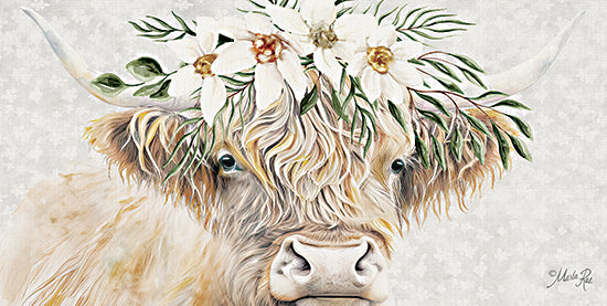 Marla Rae MAZ5895 - MAZ5895 - Floral Crown Highland II - 18x9 Highland cow close-up, white flowers, green leafy crown, soft sage background, long horns, shaggy bangs, rustic botanical decor, watercolor farm animal, delicate floral wreath, neutral farmhouse palette, feminine country wall art from Penny Lane