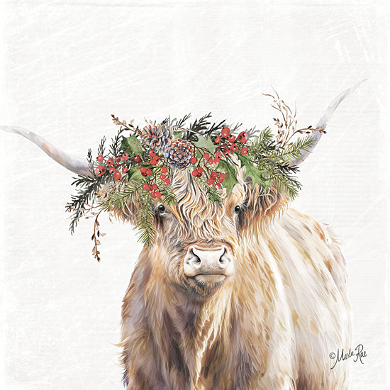 Marla Rae MAZ5931 - MAZ5931 - Ruddy Christmas Highland - 12x12 Highland cow Christmas portrait, evergreen wreath crown, red berries, pinecones, holly leaves, fir branches, long horns, shaggy cow, winter holiday farmhouse art, festive rustic animal, white background, seasonal wall decor from Penny Lane