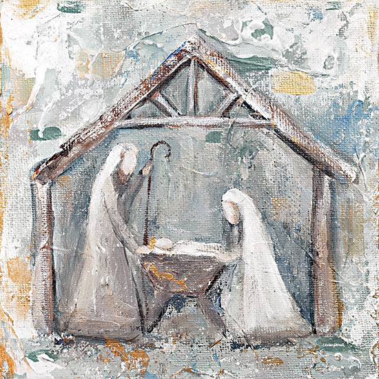 Mackenzie Kissell MKA185 - MKA185 - Nativity   - 12x12 Nativity scene, Holy Family, Mary Joseph baby Jesus, manger, stable, abstract religious art, textured canvas, soft blue and beige palette, Christmas worship artwork, sacred holiday decor, painterly brush marks, Christian wall art from Penny Lane