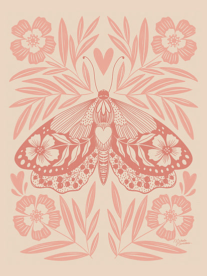 Michele Norman MN423 - MN423 - Moth Floral Wings I - 12x16 pink moth illustration, floral symmetry, heart motif, decorative butterfly art, blush and cream palette, feminine botanical design, whimsical insect print, linework wings, ornamental flowers, romantic folk style, nature inspired wall art, valentine feel from Penny Lane