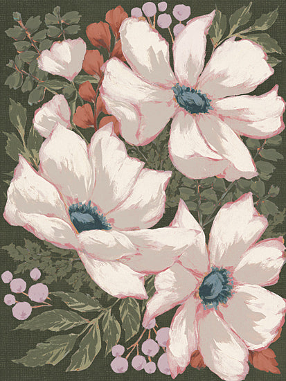 Michele Norman MN427 - MN427 - Cosmos Dreams I   - 12x16 white anemone flowers illustration, floral botanical artwork, vintage inspired flower painting, soft pink petals, decorative floral design, cottage garden style, botanical pattern, hand painted flowers from Penny Lane