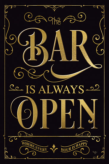 Mollie B. MOL2615 - MOL2615 - The Bar is Open - 12x18 vintage bar sign, gold typography, retro pub decor, ornate lettering, bar open sign, happy hour poster, elegant word art from Penny Lane
