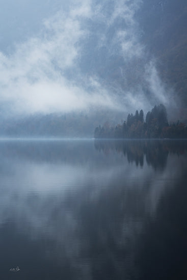 Martin Podt MPP1217 - MPP1217 - Foggy Reflections - 12x18 foggy lake reflection, blue mist water, pine forest shoreline, calm lake, atmospheric mood, tranquil alpine lake from Penny Lane