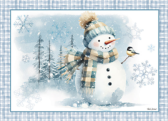Nicole DeCamp ND1000 - ND1000 - Blue Winter Snowman - 16x12 snowman, chickadee bird, blue plaid scarf, beanie hat, snowy forest, light blue background, winter art, Christmas scene, peaceful illustration from Penny Lane