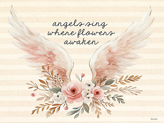 Nicole DeCamp ND1007 - ND1007 - Angels Sing Where Flowers Awaken - 16x12 pink angel wings with floral bouquet, text angels sing where flowers awaken, watercolor inspirational decor from Penny Lane