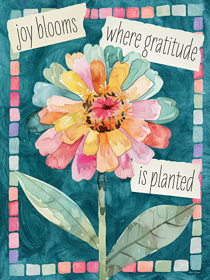 Nicole DeCamp ND1009 - ND1009 - Joy Blooms Inspirational Flower - 12x16 colorful watercolor flower with patterned border, text joy blooms where gratitude is planted, cheerful floral design from Penny Lane