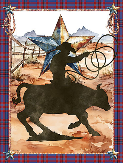 Nicole DeCamp ND1107 - ND1107 - Western Cowboy on Bull - 12x16 cowboy riding bull silhouette, western star emblem, rope lasso action, desert ranch, plaid frame design from Penny Lane