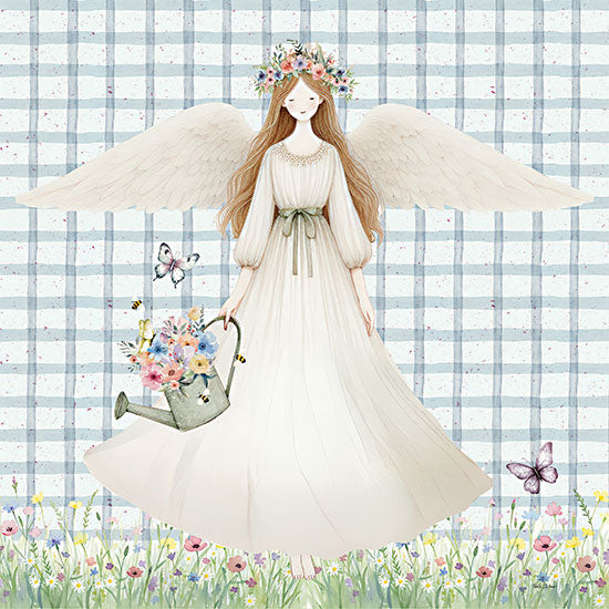 Nicole DeCamp ND1141 - ND1141 - Nurturing Nature II - 12x12 angel standing front, floral crown, watering can bouquet, plaid backdrop, soft neutral tones, spring decor from Penny Lane