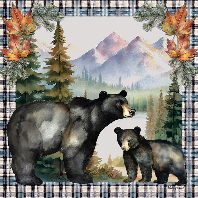 Nicole DeCamp ND204 - ND204 - Black Bear with Cub - 12x12 Lodge, Bears, Black Bears, Mother and Cub, Fall, Landscape, Mountains, Trees, Plaid Border, Acorns, Leaves, Pine Needles, Lake from Penny Lane