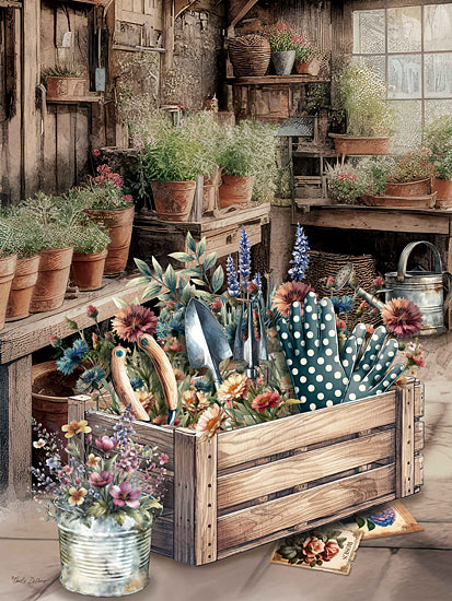 Nicole DeCamp ND400 - ND400 - In the Garden Floral Crate - 12x16 Still Life, Garden, Garden Shed, Plants, Potted Plants, Terracotta Pots, Flowers, Crate, Gardening Tools, Garden Gloves, Seed Packets, Watering Can, Shelves, Spring from Penny Lane