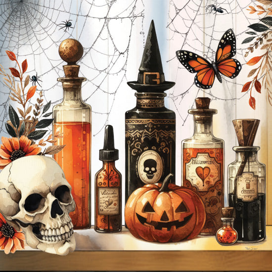 Nicole DeCamp ND671 - ND671 - Halloween Potions I - 12x12 Halloween, Fall, Still Life, Potions, Jars, Skull, Flowers, Jack O'lantern, Spiders, Spider's Web, Butterfly, Greenery, Vintage from Penny Lane