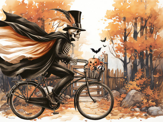 Nicole DeCamp ND673 - ND673 - Halloween Skeleton Bicycle - 16x12 Halloween, Fall, Skelton, Bicycle, Bike, Cape, Top Hat, Trees, Fall Leaves, Fence, Path, Rocks from Penny Lane