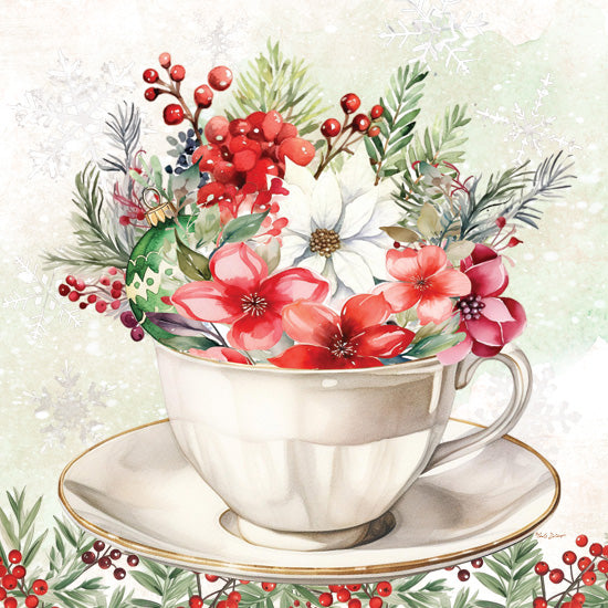 Nicole DeCamp ND725 - ND725 - Christmas Floral Teacup - 12x12 Christmas, Holidays, Still Life, Flowers, Bouquet, Poinsettias, Berries, Greenery, Tea Cup, Ornament, from Penny Lane