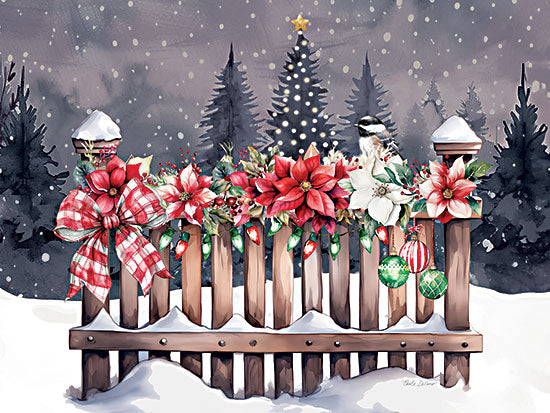 Nicole DeCamp ND758 - ND758 - Festive Fence     - 16x12 poinsettias, wooden fence, snow, pine trees, Christmas lights, red ribbon, winter floral, chickadee bird, snowy night, festive decor, ornaments from Penny Lane