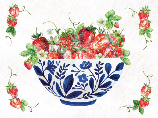 Nicole DeCamp ND866 - ND866 - Bowl of Strawberries - 12x12 illustrated strawberries in decorative bowl, folk art fruit illustration, kitchen decor, red berries and leaves from Penny Lane