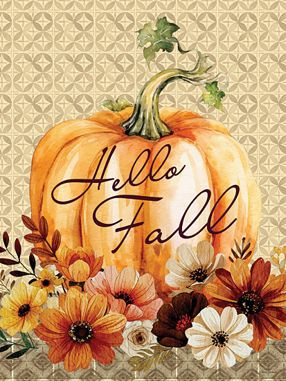Nicole DeCamp ND973 - ND973 - Hello Fall Pumpkin - 12x16 pumpkin art, fall season decor, autumn flowers, hello fall typography, rustic harvest theme, watercolor pumpkin illustration from Penny Lane