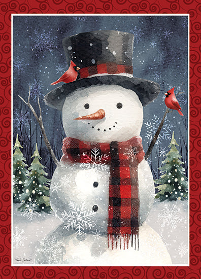 Nicole DeCamp ND991 - ND991 - Christmas Snowman - 12x16 classic snowman, red scarf, top hat, cardinals, pine trees, snowflakes, Christmas illustration, festive border, winter holiday art from Penny Lane