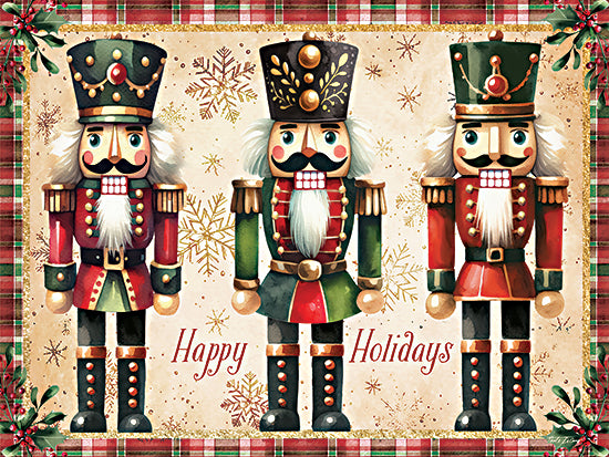Nicole DeCamp ND999 - ND999 - Happy Holidays Nutcrackers - 16x12 nutcrackers trio, festive holiday scene, plaid border, Christmas greeting, happy holidays, traditional decor, whimsical holiday art from Penny Lane