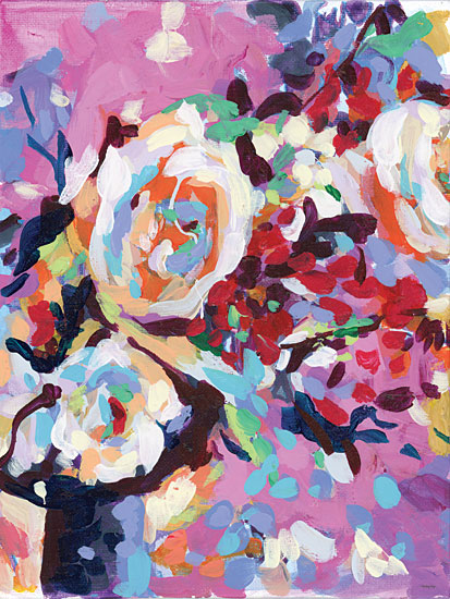 Painting Paige PP113 - PP113 - The Thank You Bouquet - 12x16 abstract floral still life, white roses, coral red blossoms, pink field background, cropped bouquet, bold palette knife feel, expressive marks, energetic composition, modern flower painting, colorful feminine decor from Penny Lane