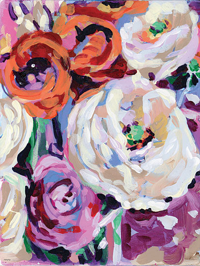 Painting Paige PP114 - PP114 - The Birthday Bouquet - 12x16 close-up roses, white blooms, orange ranunculus, lavender pink accents, impasto floral painting, cropped composition, thick acrylic strokes, romantic garden palette, contemporary floral wall art, soft feminine decor from Penny Lane
