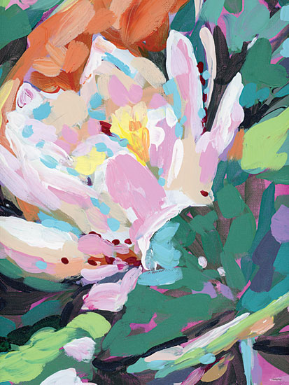 Painting Paige PP121 - PP121 - July Birth Flower - 12x16 peach and white flower close-up, soft green foliage, pastel petals, macro botanical painting, layered acrylic strokes, intimate bloom detail, modern floral abstract, airy spring palette, contemporary feminine art, decorative blossom from Penny Lane