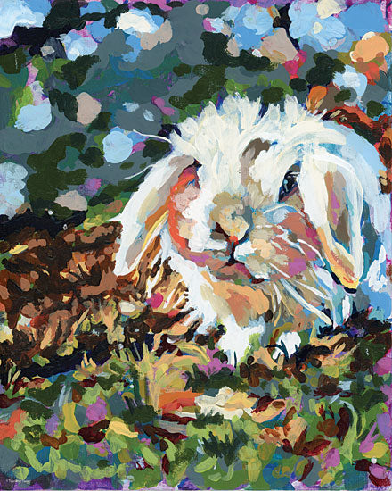 Painting Paige PP130 - PP130 - Long-Eared Snuggle Bunny - 12x16 white lop-eared rabbit, fluffy bunny portrait, garden rabbit, spring meadow, woodland floor, floral background, expressive blue eye, long ears, soft fur, colorful foliage, pink and teal palette, playful animal art, pet rabbit, whimsical nursery art, impressionistic acrylic, textured brushwork from Penny Lane