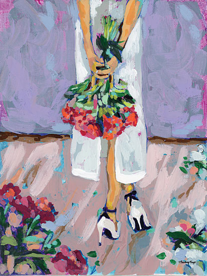 Painting Paige PP140 - PP140 - Bouquet Moment - 12x16 woman holding bouquet behind back, white dress, floral arrangement, heels, romantic figure, soft lavender wall, garden floor flowers, feminine elegance, bridal vibe, spring bouquet, cropped body portrait, pastel palette, impressionistic brushwork, contemporary floral figurative art, romantic decor from Penny Lane