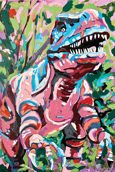 Painting Paige PP153 - PP153 - Tiney-saurus - 12x16 pink blue dinosaur, tyrannosaurus rex, jungle foliage, prehistoric creature, kids room art, whimsical dinosaur painting, tropical leaves, roaring reptile, colorful nursery decor, fantasy animal, playful palette, contemporary acrylic, bold brush strokes, adventurous juvenile art, statement creature portrait from Penny Lane