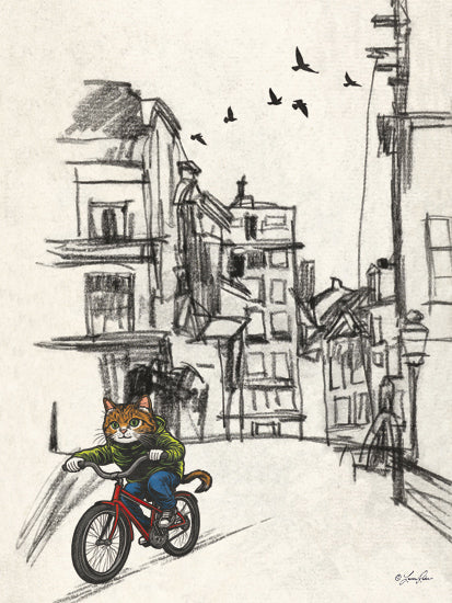 Lauren Rader RAD1488 - RAD1488 - Urban Cat Commute - 12x16 anthropomorphic cat, cat riding bicycle, urban sketch, whimsical art, street scene, birds flying, city buildings, pencil drawing, humorous illustration, playful design from Penny Lane