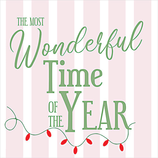 Lauren Rader RAD1610 - RAD1610 - Wonderful Time - 12x12 Christmas typography, green text, pink striped background, festive lettering, holiday message, seasonal decor, light garland illustration, cheerful design from Penny Lane