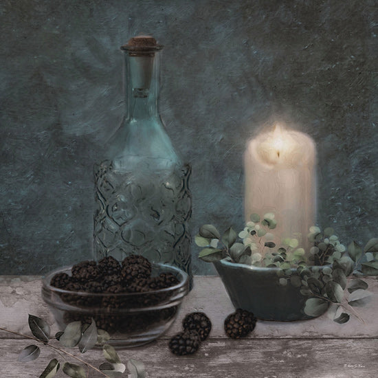 Robin-Lee Viera RLV719 - RLV719 - Candlelight Blackberries - 12x12 Still life, candlelight, glass bottle, blackberries, painterly art, moody decor, soft lighting from Penny Lane
